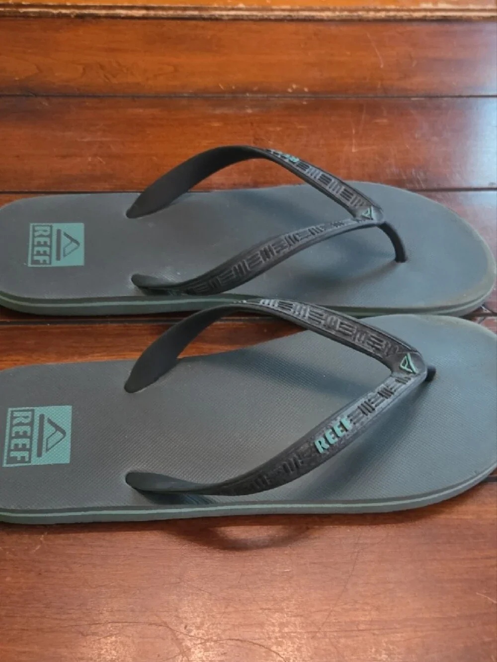 Reef Black Flip Flops with Teal Logo Accents
